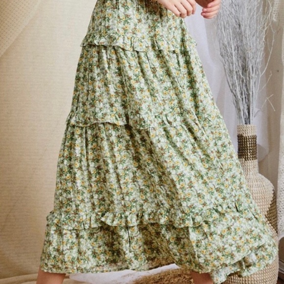 New! Clearance 🔥Sage Floral Tiered Ruffle Adjustable Spaghetti Strap Maxi Dress - Picture 5 of 7